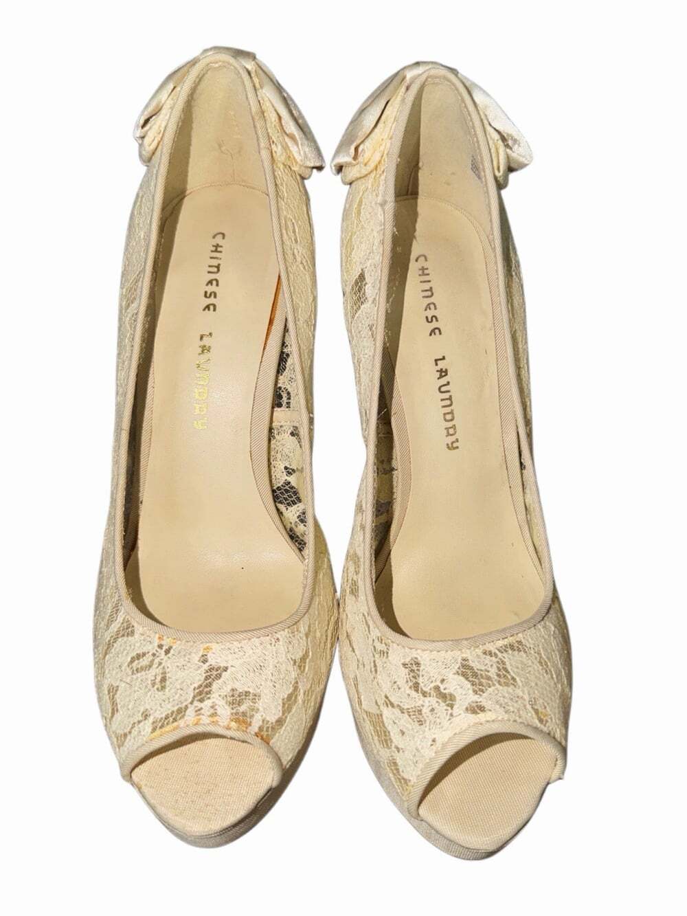 Nwot Chinese Laundry Off-white Lace Peep Toe Wedding High Heels Bow Details